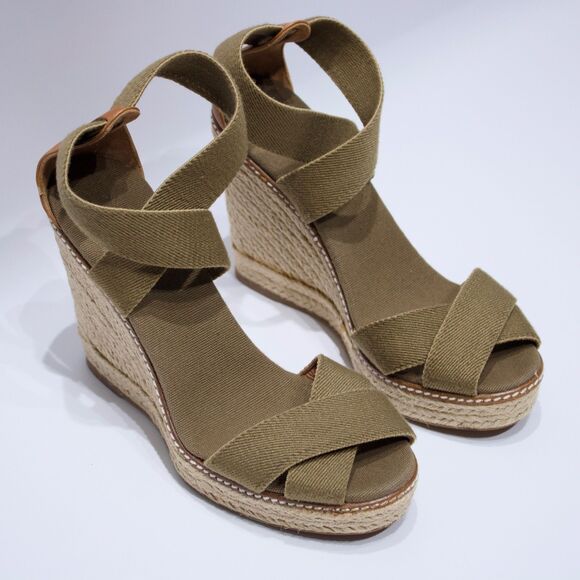 Tory Burch Adonis Wedge Espadrilles Sandals Army Green & Beige Women Size 9B - Picture 11 of 16